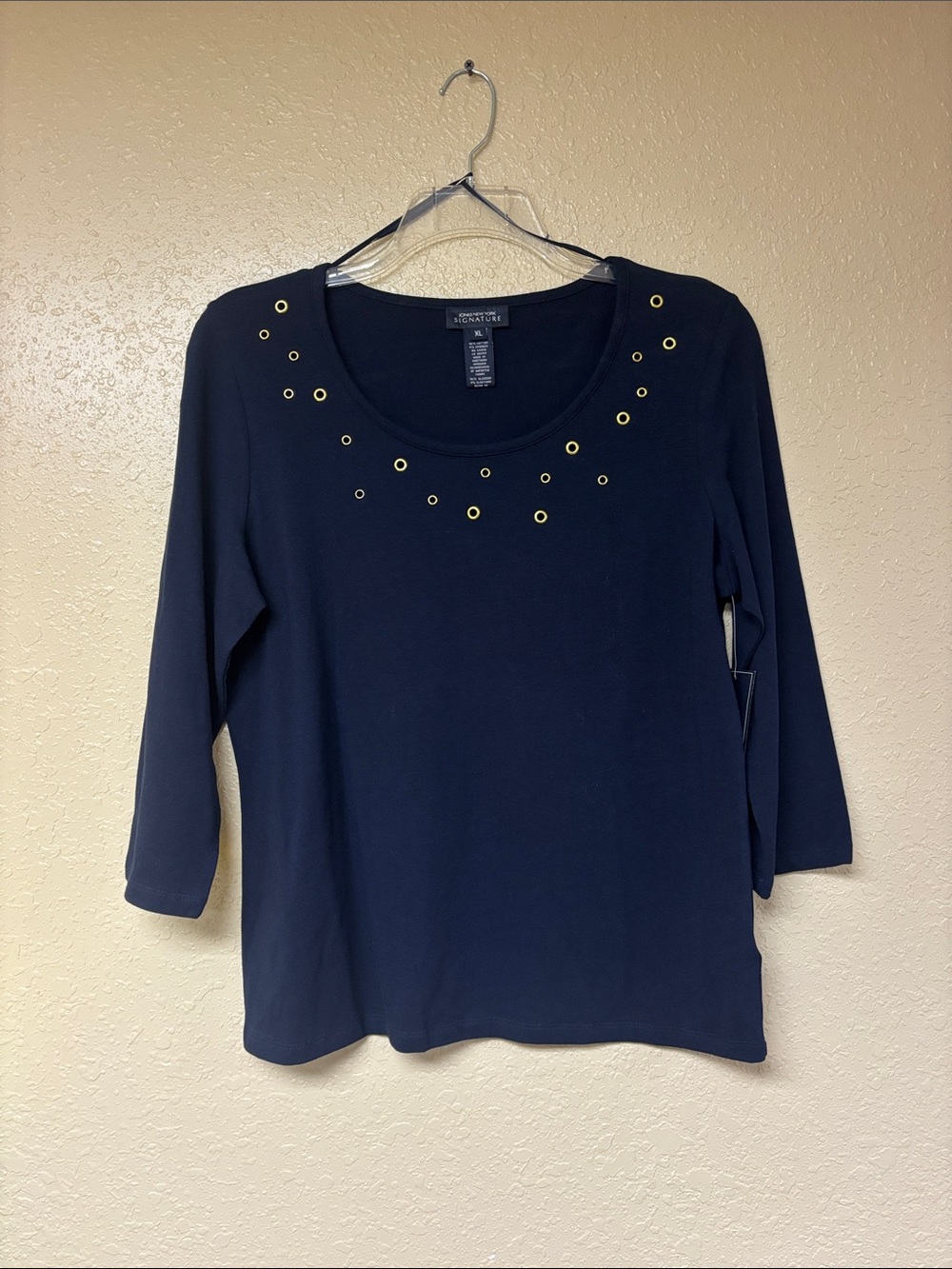 Signature Navy Long Sleeve Scoop Neck Top with Yellow Eyelets